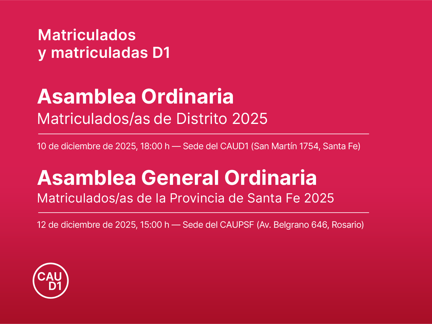 Convocatoria a la 37° Asamblea General Ordinaria de Matriculados/as del CAUPSF